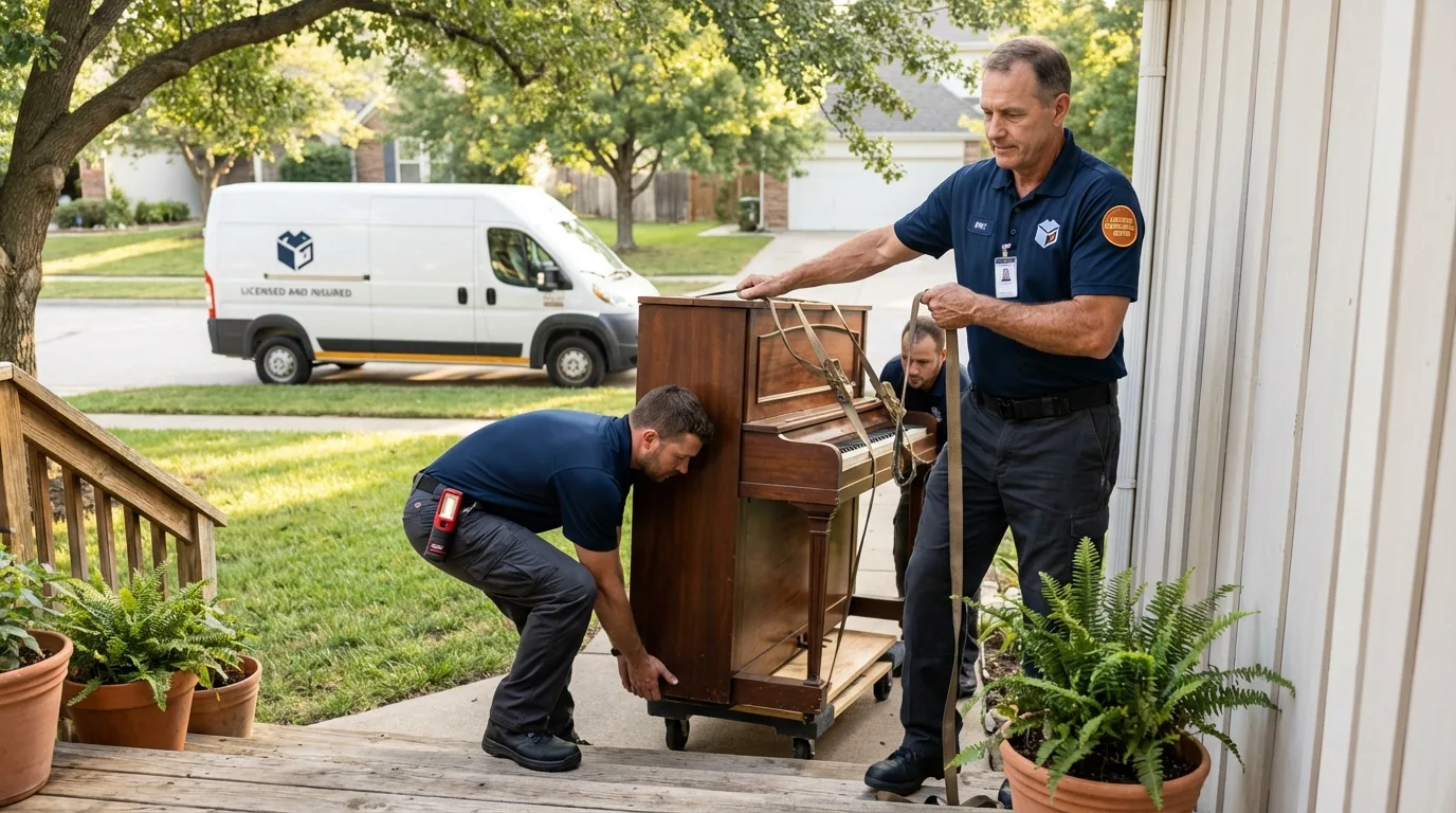 Licensed piano movers securing grand piano in Onset, MA