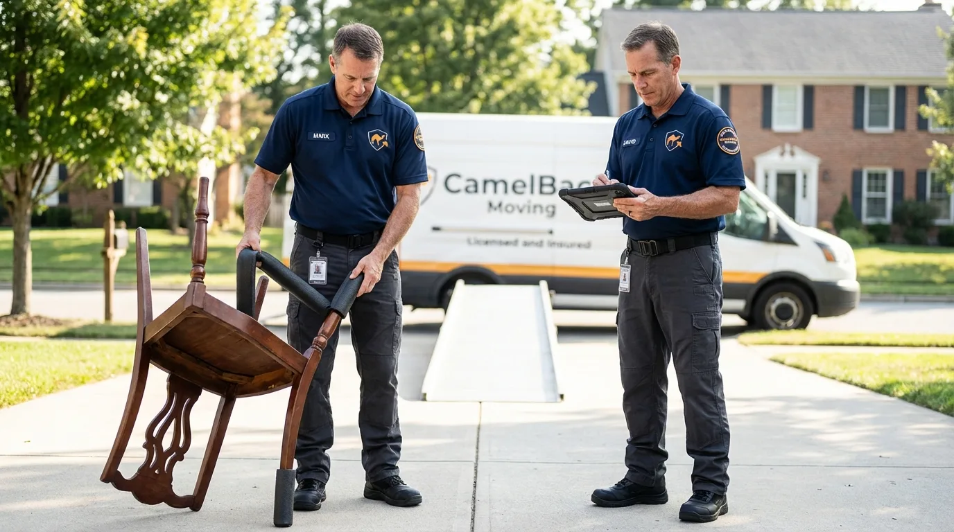 Movers inspecting furniture for damage prevention before loading in Onset, MA