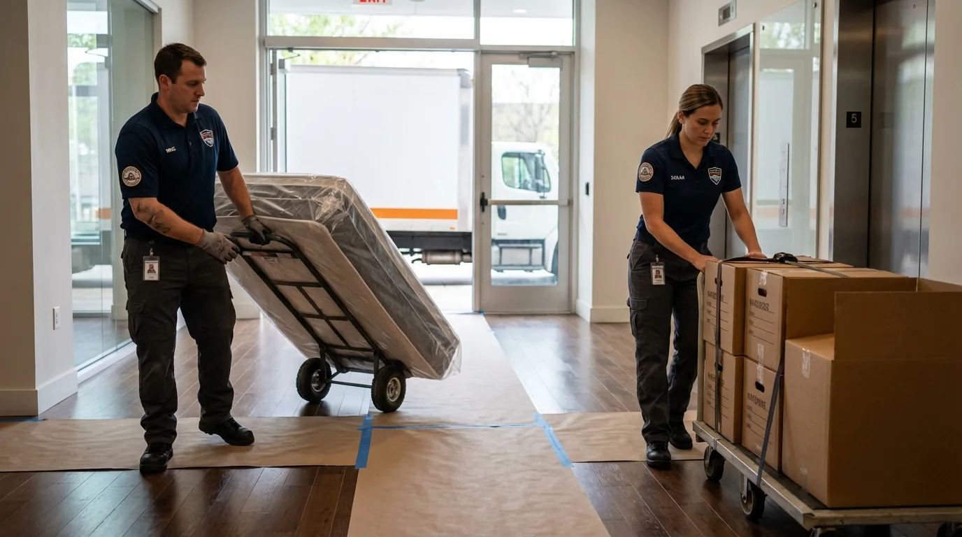 Professional apartment movers loading elevator in Onset, MA