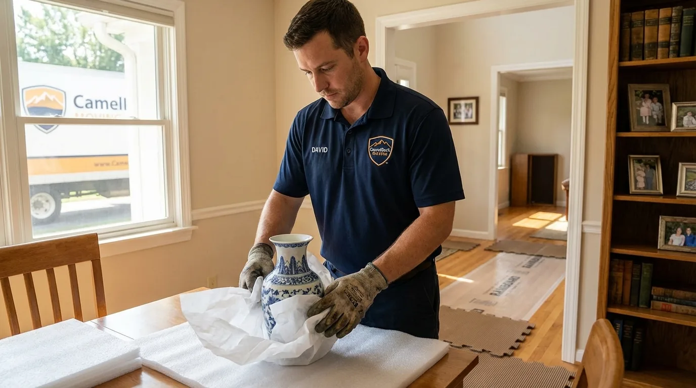 Professional crew carefully wrapping antique vase for senior downsizing move in Onset, MA